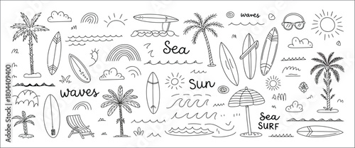 Cute hand-drawn surf and beach icon pack with tropical palm trees, ocean waves, surfboards, sunshine, and seashells — perfect for fun summer prints, posters, stickers, and creative seaside designs.