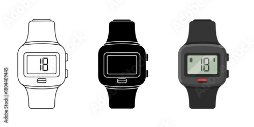 Digital Watch Vector Set in Three Styles — Line Art, Silhouette and Color Version Showing the Number Eighteen in Black and White Aesthetic for Modern Design Projects