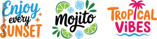 Tropical Summer Typography Bundle Set: Enjoy Every Sunset, Mojito, and Tropical Vibes Quotes Vector Illustration