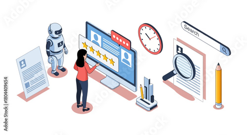 ai-driven hr management woman operates a digital review system with a robot depicting business automation and efficient recruitment.