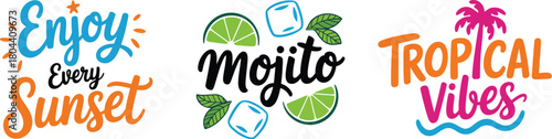Tropical Summer Typography Bundle Set: Enjoy Every Sunset, Mojito, and Tropical Vibes Quotes Vector Illustration