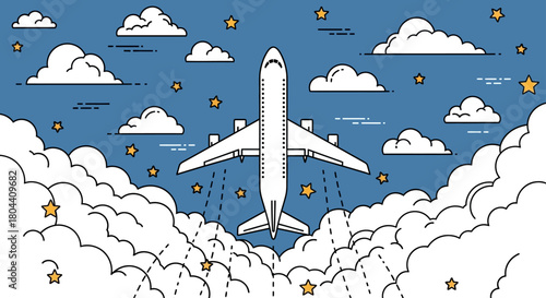 airplane ascending through fluffy white clouds towards a starlit blue sky an illustration of global travel and new adventures