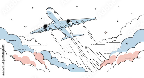 airplane flying through clouds in a minimalist line art illustration depicting travel aviation journey and aspiration.