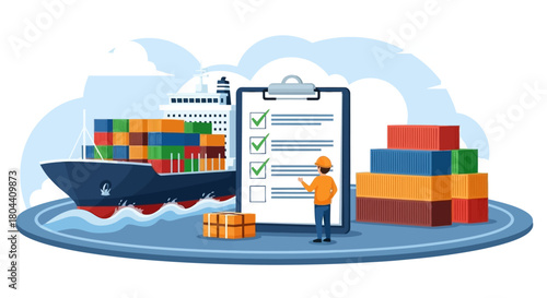 a worker inspects a checklist near a cargo ship loaded with shipping containers illustrating global logistics and supply chain processes.