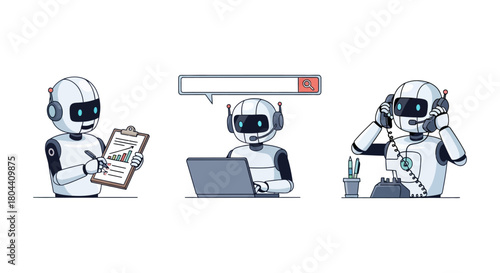 ai assistant robots performing business analysis customer support and communication representing automation and the digital workforce.