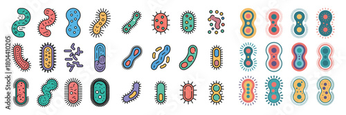 Colorful collection of various bacteria and germs types for science study