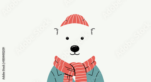 Cute cartoon polar bear with hat and scarf illustration on white background