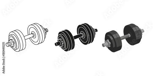 Dumbbell Vector Set in Three Styles — Line Art, Silhouette and Color Version for Fitness and Weight Training Enthusiasts Health and Wellness Concepts