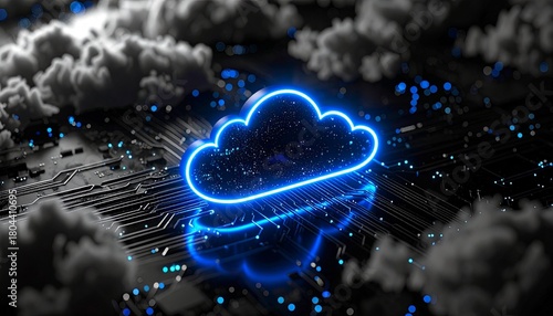 Futuristic Cloud Computing Concept with Neon Blue Circuit Board