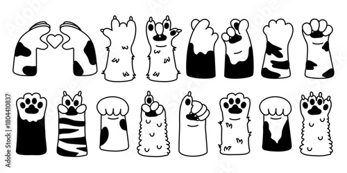 vector cat paw black line set, cartoon animals isolated on transparent background. 
