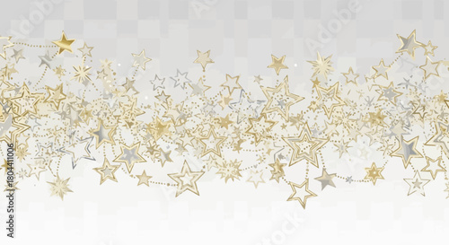 Festive starfall: Golden and silver stars cascade on a white background