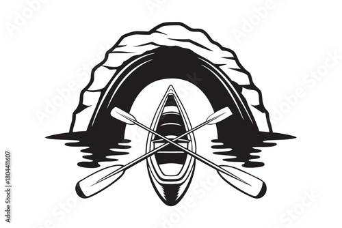 A black and white illustration shows a canoe with crossed paddles near rocks