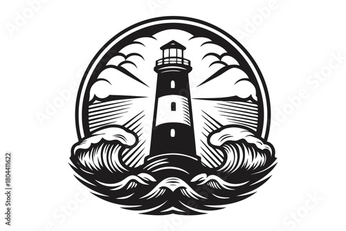 A black and white lighthouse surrounded by ocean waves stands tall within an oval frame