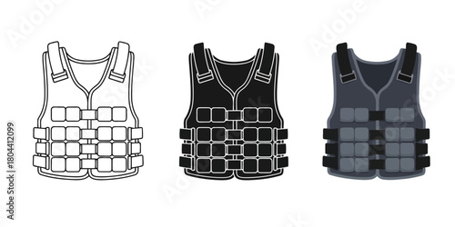 Weight vest Vector Set in Three Styles — Line Art, Silhouette and Color Version for fitness or tactical use a simple black and white design for backgrounds and graphics