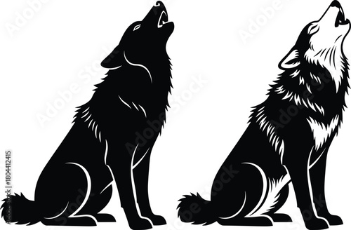 Two howling wolves in black and white, detailed wildlife vector for nature, forest, predator, animal art, and outdoor themes