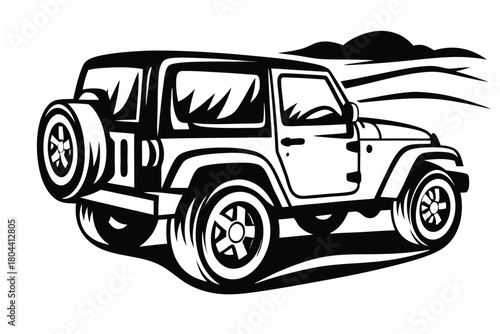 A black and white sport utility vehicle drives forward over a landscape