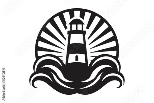 A black and white lighthouse towers amidst sea waves with radiant beams behind it