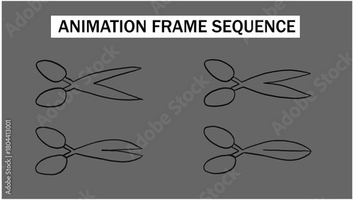 Black Silhouette Scissors Opening and Closing Animation Frame Sequence. 2D Simple Tool Cutting Action Motion Graphic Element.