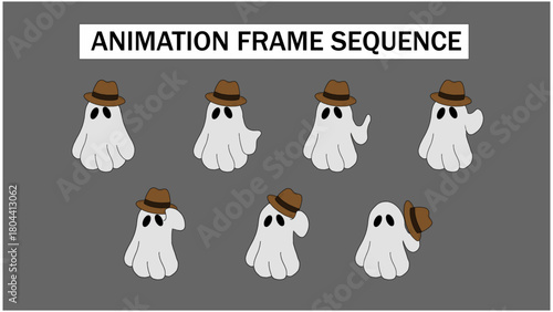 Cartoon Detective Ghost Animation Frame Sequence. Funny Spooky Character in Hat Loop Element. 2D Hand-Drawn Spirit Mascot Motion Graphic.