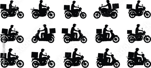 Delivery rider silhouettes on motorcycles carrying cargo boxes, food courier transportation icons, fast service illustration set for logistics and delivery business graphics