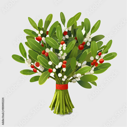 3D render of mistletoe bunch with glossy green leaves and red berries, detailed texture