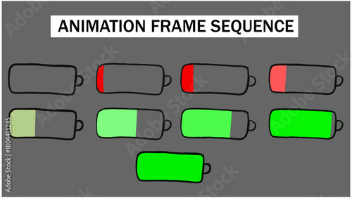 Hand-Drawn Battery Charging Animation Frame Sequence, Doodle Power Level Motion Graphic Element, Vector Energy Indicator Loop for UI/UX.