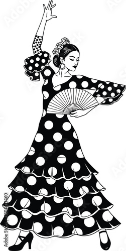 Flamenco dancer silhouette, Spanish traditional dress, elegant pose, black and white vector, cultural dance art, fan performance