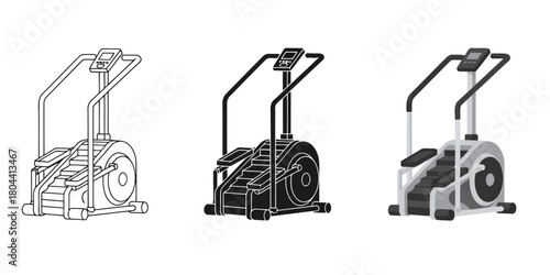 Stair Stepper Exercise Machine Vector Set in Three Styles — Line Art, Silhouette and Color Version Perfect for Fitness Concepts and Designs