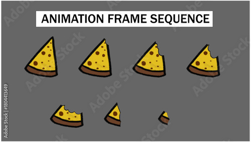 Cartoon Pizza Slice Eating Animation Frame Sequence. Hand-Drawn Food Biting and Disappearing Effect. 2D Fast Food Graphic for Explainer Videos and Fun Content.