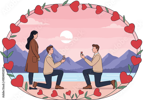 Romantic gay proposal, sunset lake view, mountain background, LGBTQ engagement, love scene, inclusive couple, heart frame, emotional moment, nature