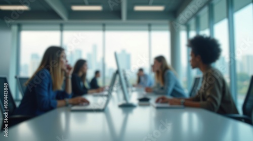 Vista desenfocada de una moderna oficina colaborativa de planta abierta con personas trabajando 