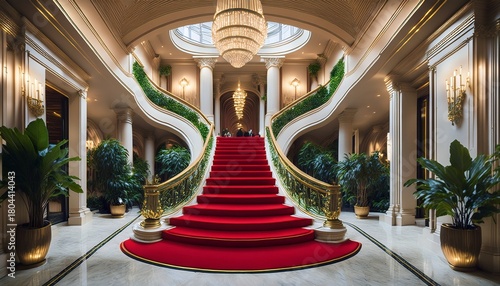 elegant grand staircase with red carpet runner lush greenery and opulent lighting in a palatial entrance hall