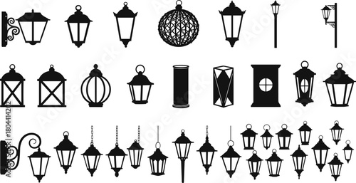 Vintage lantern silhouette collection, street lamp clipart, decorative lighting icons, wall-mounted lanterns, hanging lamps, outdoor light design elements