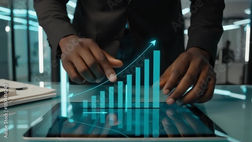 Businessman interacting with a glowing turquoise digital bar graph on a tablet screen finance