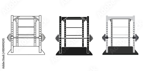 Weightlifting Rack Vector Set in Three Styles — Line Art, Silhouette and Color Version for Fitness and Strength Training Design a Minimalist Gym Equipment Illustration
