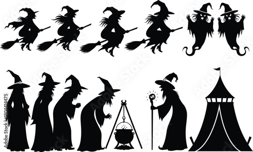 Witch silhouette vector set with flying broomsticks, cauldron, and magical poses, ideal for Halloween, fantasy, and folklore themesWitch silhouette vector 