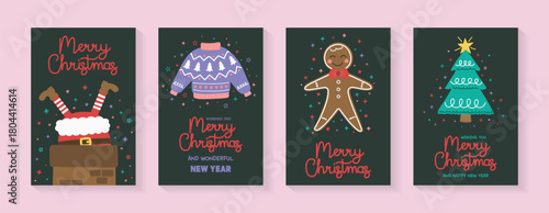 Set with Christmas poster. Greeting cards with cute hand drawn elements. Santa Claus, tree, sweater and gingerbread cookie. Vector illustration