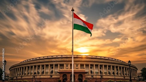 Flag Waving Above Government Building with Time Lapse Clouds at Sunset