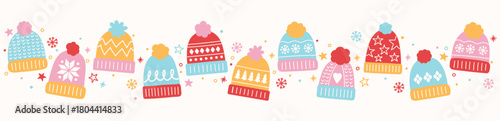 Christmas banner with cute hand drawn winter hats. Vector illustration