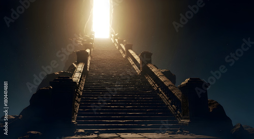 An ancient stone staircase ascends through darkness towards a brilliant gateway of heavenly light.
