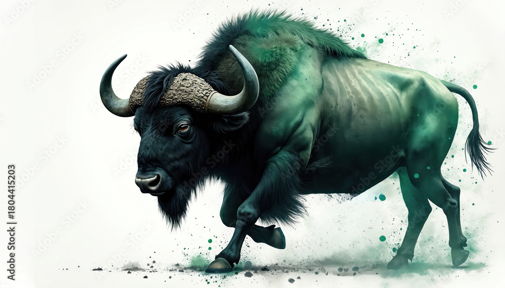 Obraz premium Ferocious buffalo bull charges forward with menacing horns and determined eyes. This powerful artwork shows wild animal raw strength and untamed spirit against a stark white background.