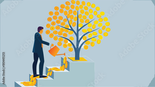 A businessman waters a tree made of golden coins symbolizing financial growth investment and prosperity in a banner or advertisement design