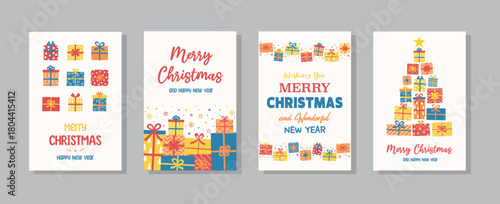Collection of colourful Christmas posters in cartoon style. Greeting card decorated with cute hand drawn presents. Vector illustration