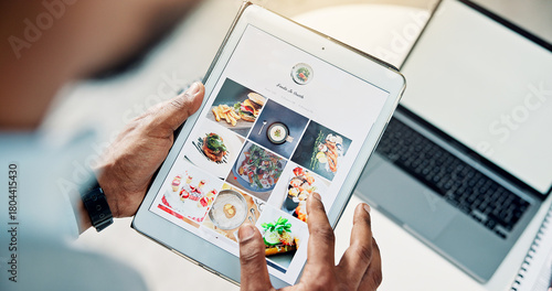 Obraz na płótnie Tablet screen, food and ux with hands of person in office for social media, recipe marketing and homepage