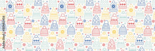 Colourful hand drawn winter hat background. Christmas seamless texture. Banner. Vector illustration