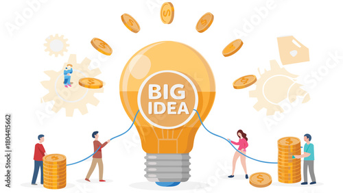 A giant illuminated lightbulb symbolizing a brilliant big idea surrounded by abstract elements and text presented as a vibrant vector graphic for concept illustration