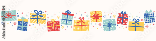 Christmas banner in cartoon style. Layout design decorated with gift boxes. Vector illustration