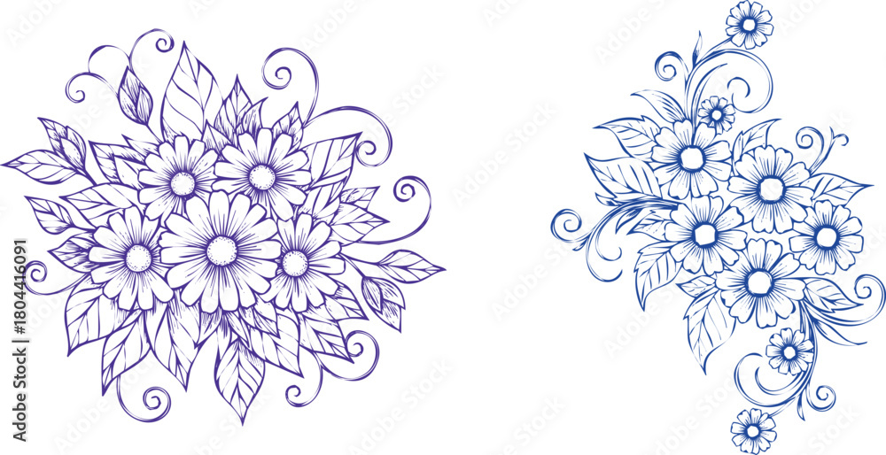 Naklejka premium Floral Ornament Botanical Decoration Graphic Elements Isolated Hand-Drawn Flowers with Leaves Pattern Decorative Design Elegant Blossom Art Illustration Embellishment