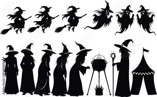 Witch silhouette vector set with flying broomsticks, ghosts, cauldron, tent, and magical poses, perfect for Halloween, fantasy, and folklore themes