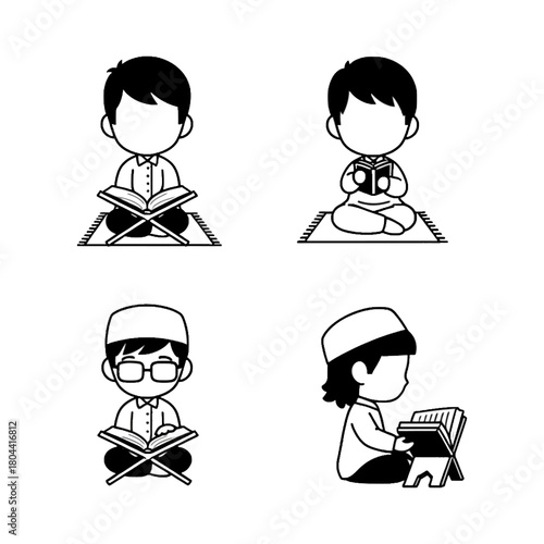 Black and White Cartoon Children Illustration Reading and Praying in Religious or Educational Activities